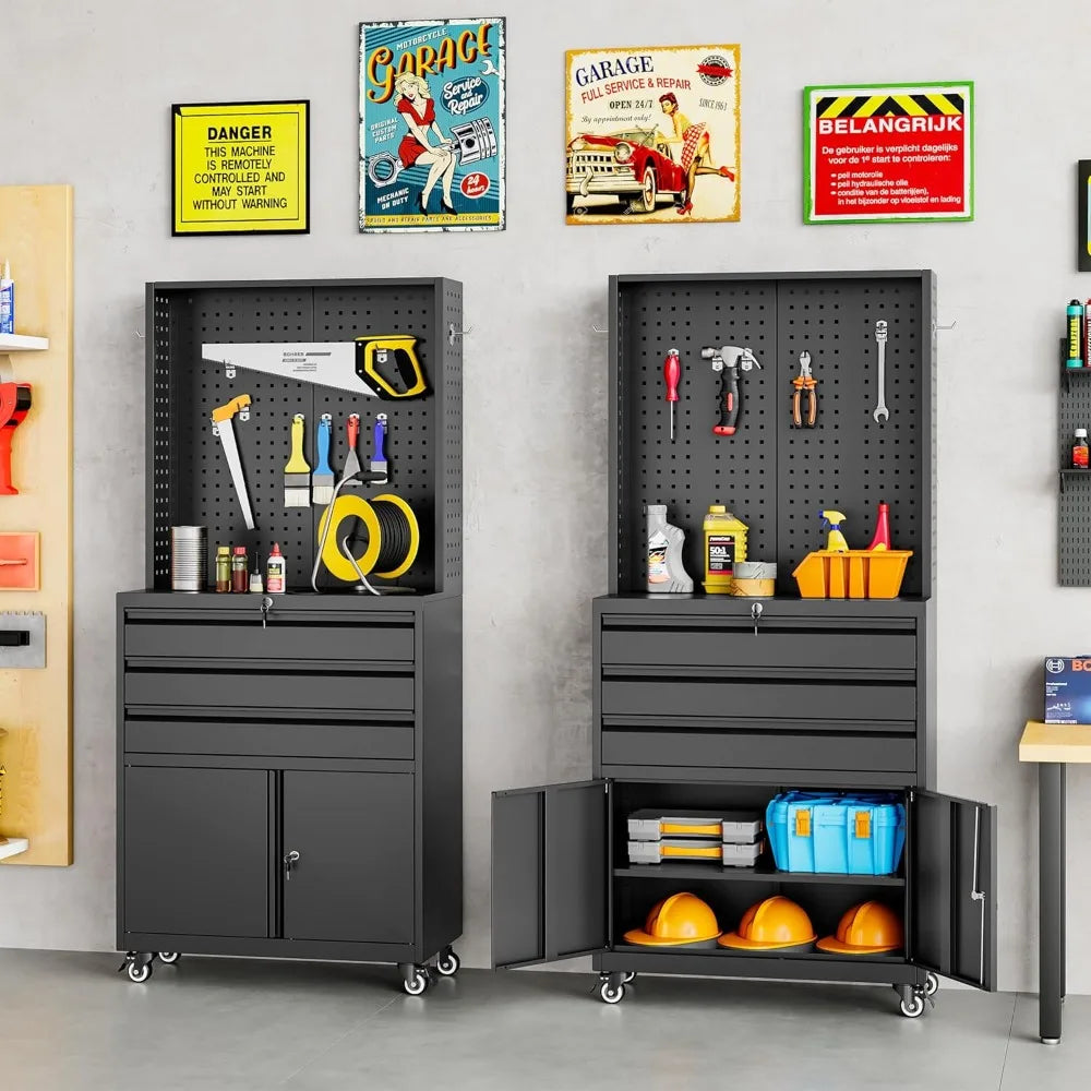 Metal Storage Cabinet with Wheels and Drawers, Rolling Garage Storage Cabinet with Lock, Black Metal Tool Cabinet with Hoo