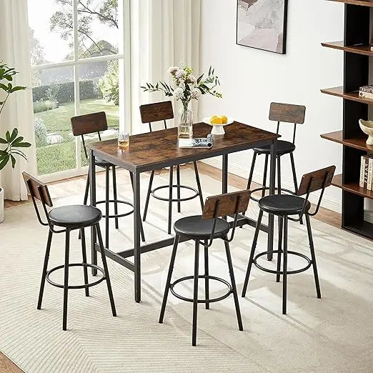 bar table and chairs set for 6, 7 pieces pub bistro table with 6 pu upholstered bar stools, 42" high top table set for restauran