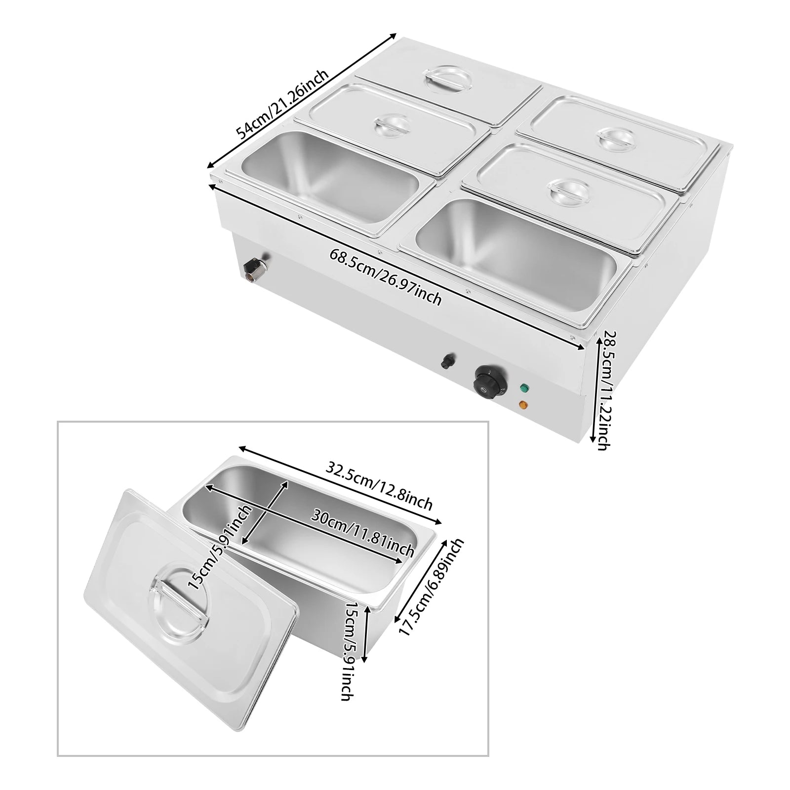 1500W Countertop Stainless Steel Soup Warmer, Food Warmer Machine, 6-Pan Commercial Food Warmer with Lids