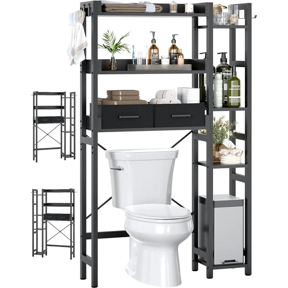 Over The Toilet Storage with 2 Drawers - 7 Tier Bathroom Organizer with Adjustable Shelf, Freestanding Space Saver Storage Rack