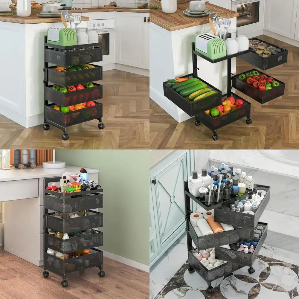 4-Tier Metal Fruit Basket with Rolling Kitchen Storage Rack, Sturdy Vegetable Shelf, and Bathroom Drawer Cart in Black