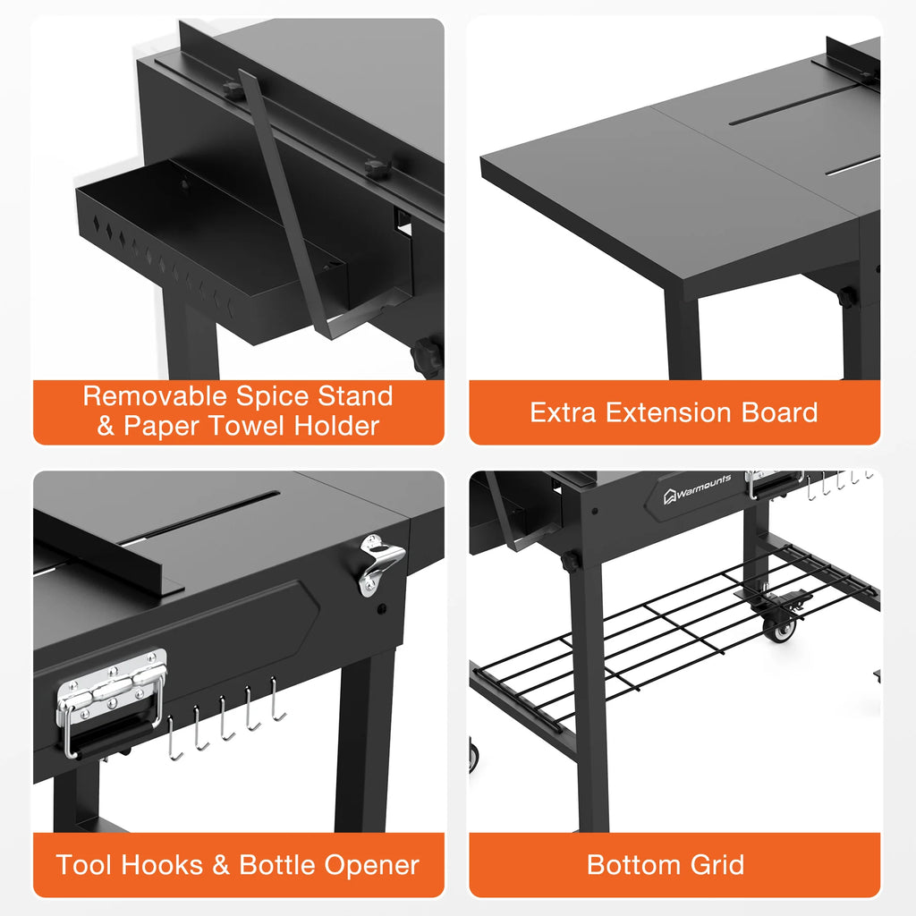 Foldable Grill Cart Outdoor with Wheels Portable Grill Table with Storage Movable Stand For Camping, BBQ