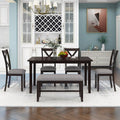 6 Piece Kitchen Dining Table Set, Wood Rectangular Table and 4 Dining Chairs with Cushions and 1 Bench with Cushion, Kitchen