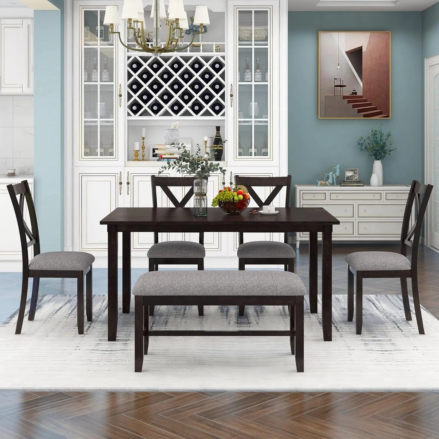 6 Piece Kitchen Dining Table Set, Wood Rectangular Table and 4 Dining Chairs with Cushions and 1 Bench with Cushion, Kitchen