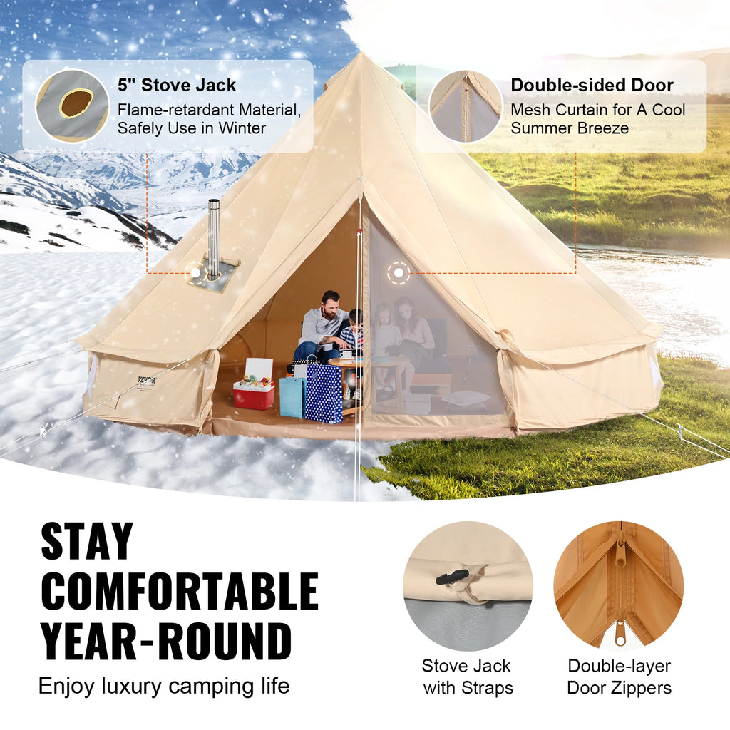 SucceBuy Canvas Bell Tent 4 Seasons 3/4/5/6/7m Yurt Tent Canvas Tent for Camping with Stove Breathable Tent