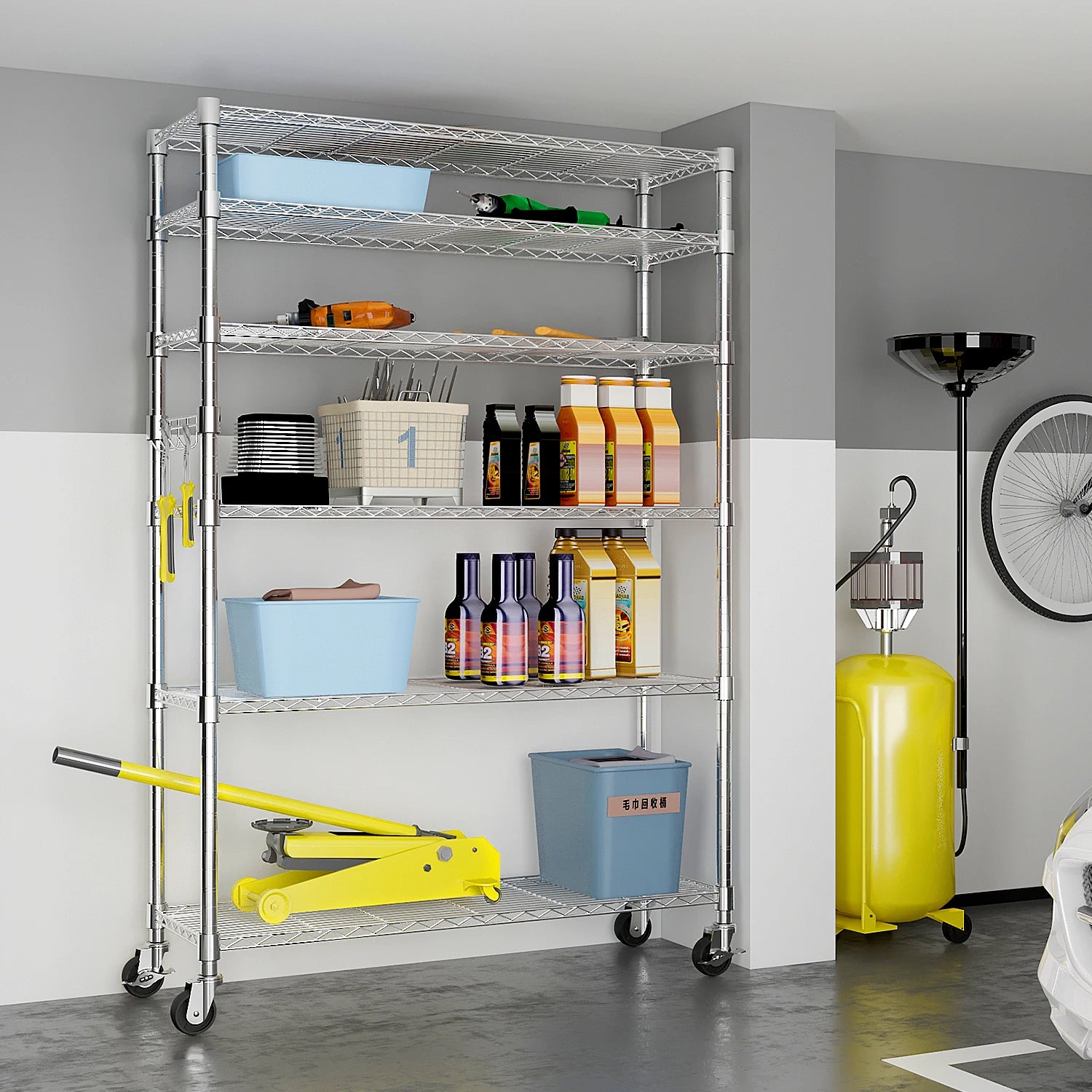 6-Tier Adjustable Metal Shelf with Wheels, Freely Adjustable Spacing, Home Storage Rack for Garage, Living Room, Bedroom