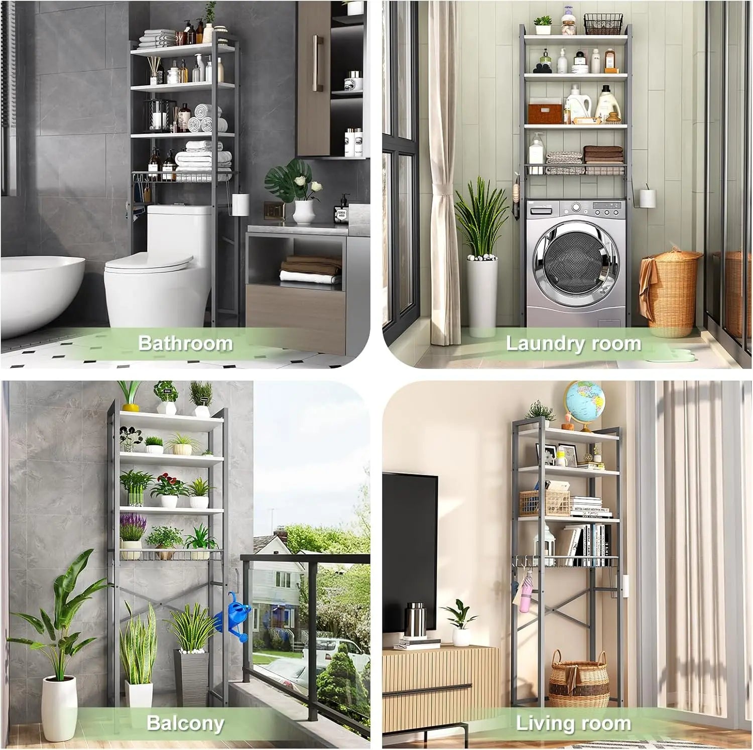 4-Tier Over-The-Toilet Storage Rack with Adjustable Shelf and Basket, Freestanding Bathroom Organizer in Gray-White