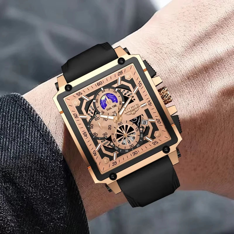 LIGE Men's Watches Silicone Strap Military Chronograph Waterproof Square Man Watch Top Brand Luxury Analog Quartz Wristwatch+Box