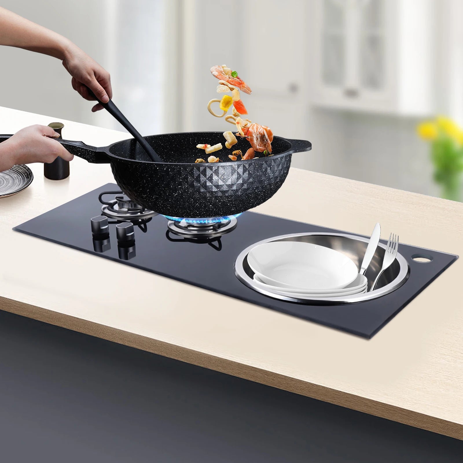 Boat Caravan RV Camper 2 Burner LPG Gas Stove Hob w/ Sink Combo Cooktop Tempered Glass Camping Outdoor Portable Dual Fuel Cooker