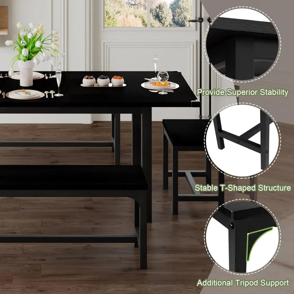 Feonase 5-Piece Dining Set for 4-8 Guests, 63 Extendable Kitchen Table with 2 Benches and 2 Square Stools