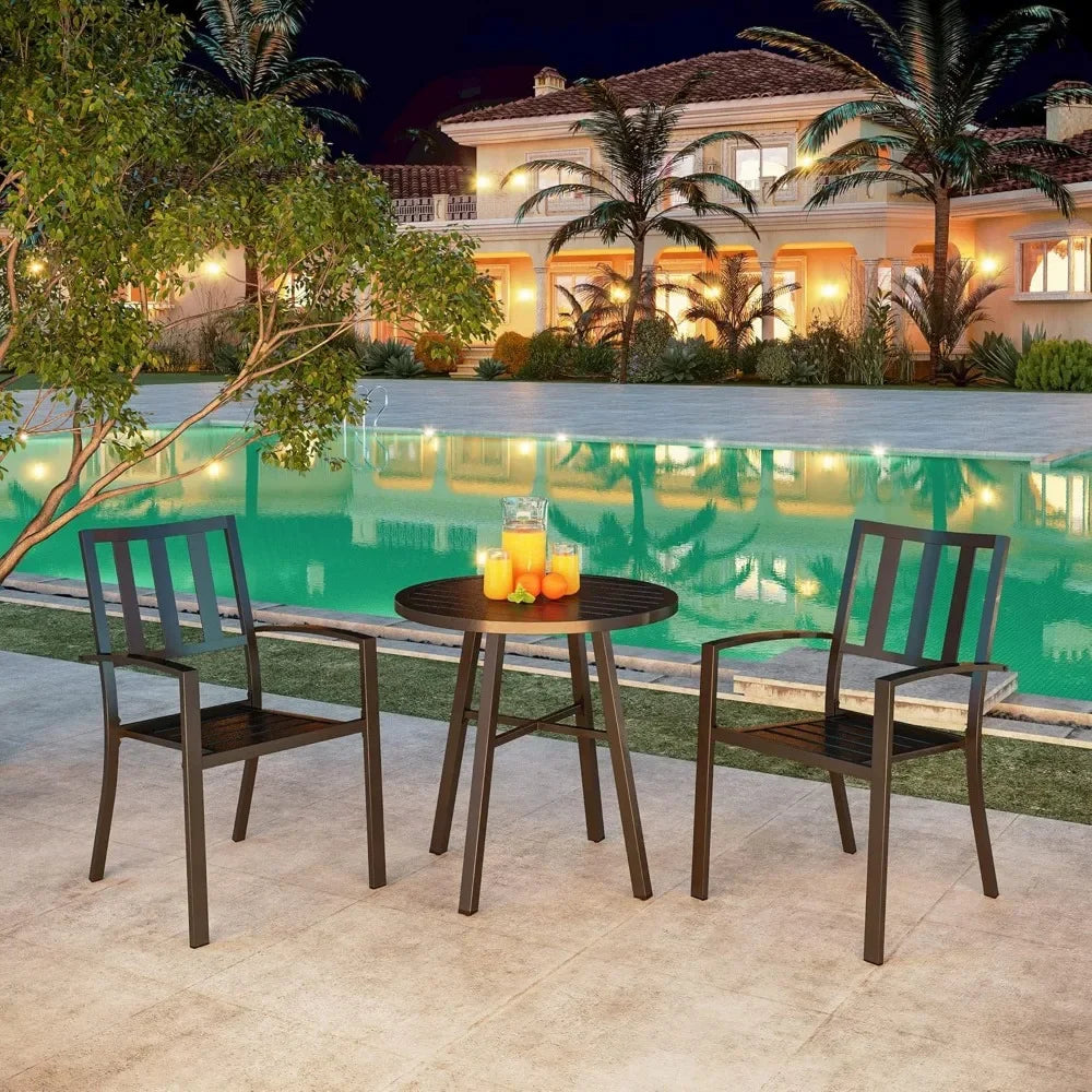 3 Piece Outdoor Patio Bistro Dining Set, Slatted Metal Round Table & 2 Patio Chairs, Outdoor Furniture Set for Porch