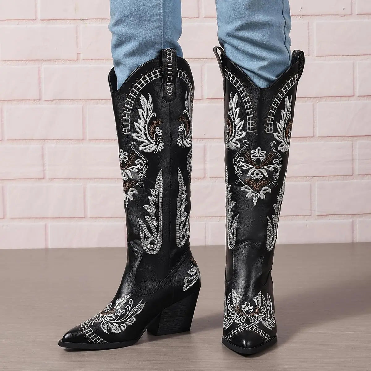 GIGIFOX Knee-High Boots Cowboy Boots For Women Western Cowgirl Boots Outdoor Mid Calf Snip Toe Boot With Chunky Heel Dress Wear