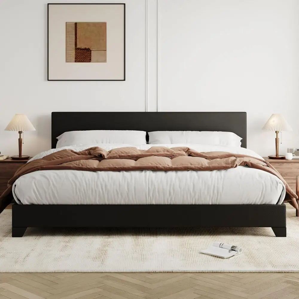 DAFIFY King Size Bed Frame Adjustable Headboard, Faux Leather Platform Bed, Wood Slats, Mattress Foundation, No Box Spring, Easy