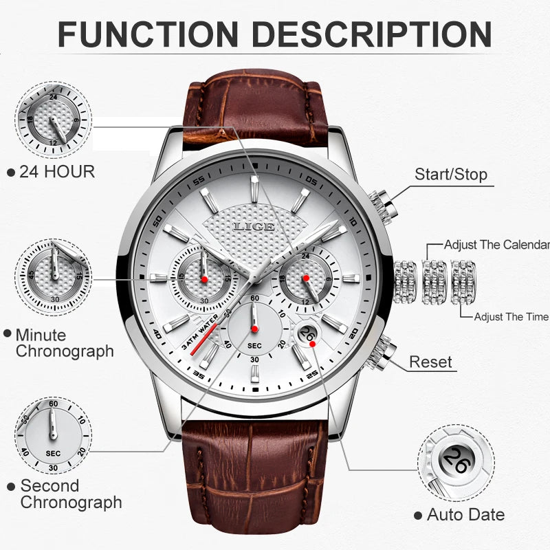 LIGE Watch Men Fashion Leather Sports Watches Men's Army Military Quartz Wristwatch Chronograph Male Clock Relogio Masculino
