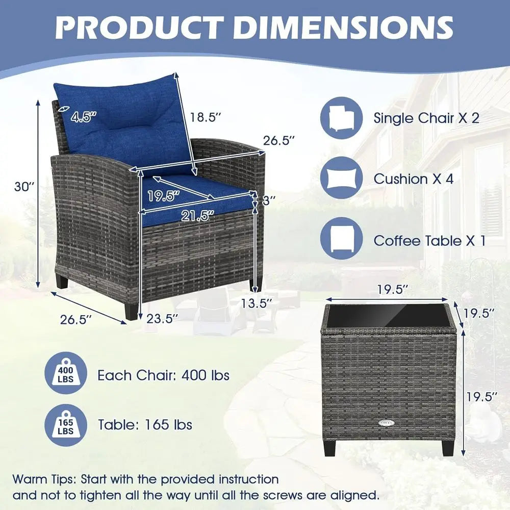 Navy Blue Outdoor Wicker Patio Furniture Set with Cushions and Glass Table for Balcony, Deck, or Poolside