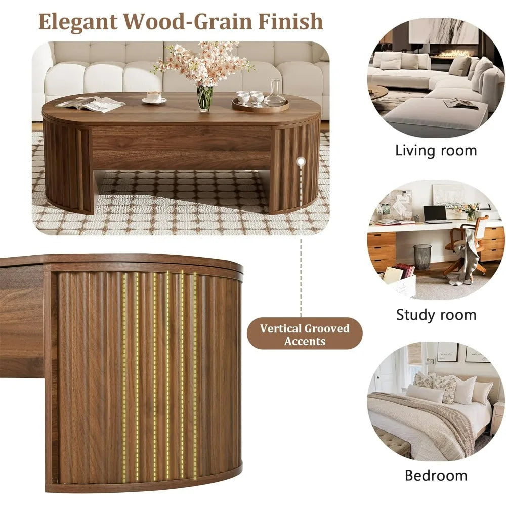 Modern Oval Coffee Table with Lift Top and Hidden Storage, 47.2 Wooden Center Table for Living Room