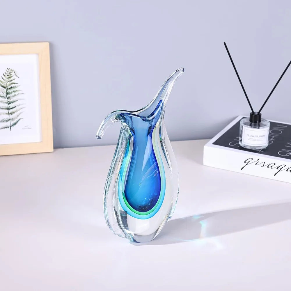 Artisan Hand Blown Glass Vase, Murano-Inspired Ellipse Design, Blue Art Glass for Single Stem Flowers, Elegant Table Centerpiece