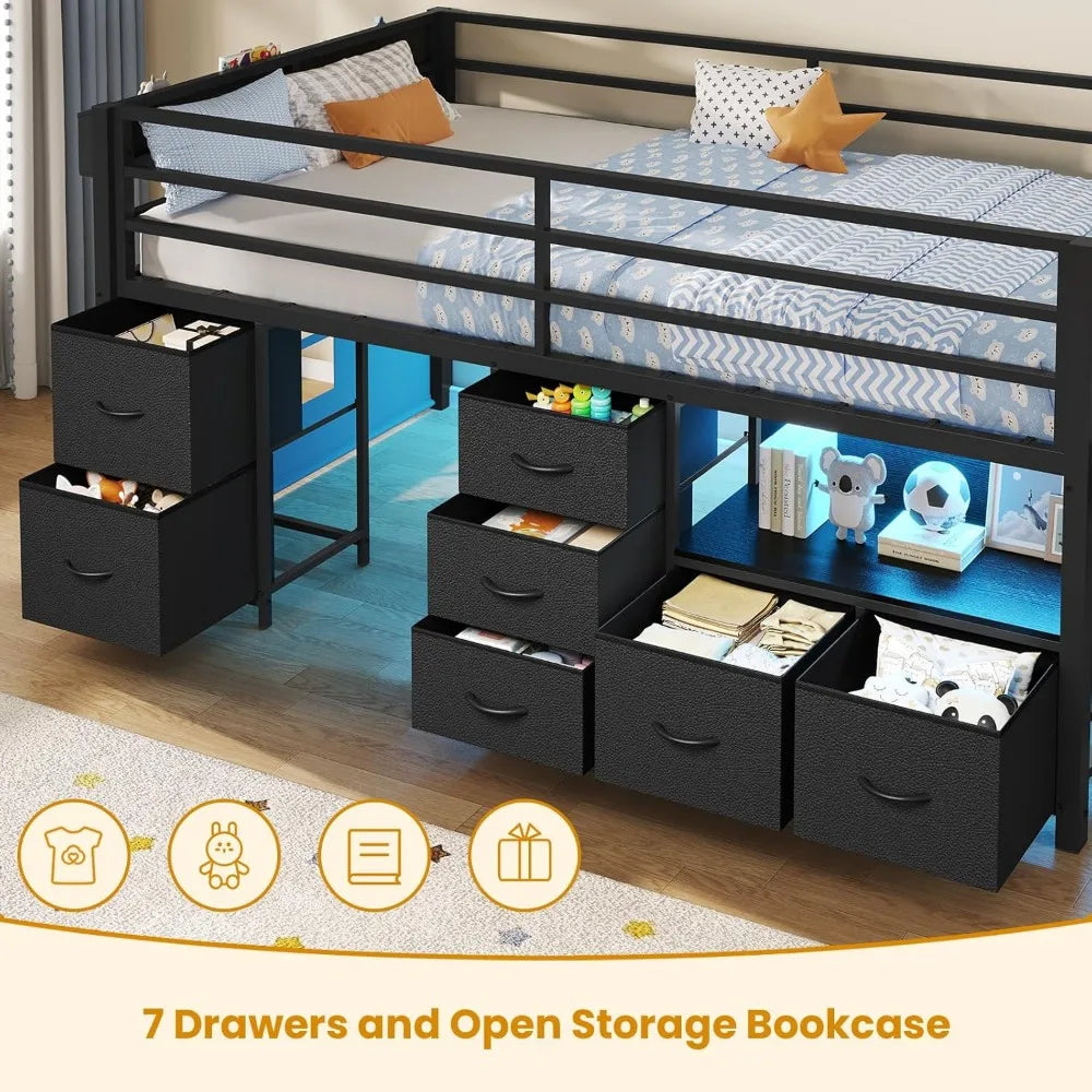 Low Loft Bed Twin Size with 7 Storage Drawers, Bookcase and LED Lights, Metal Kids Loft Bed with 14" H Safety Guardrail,Incline