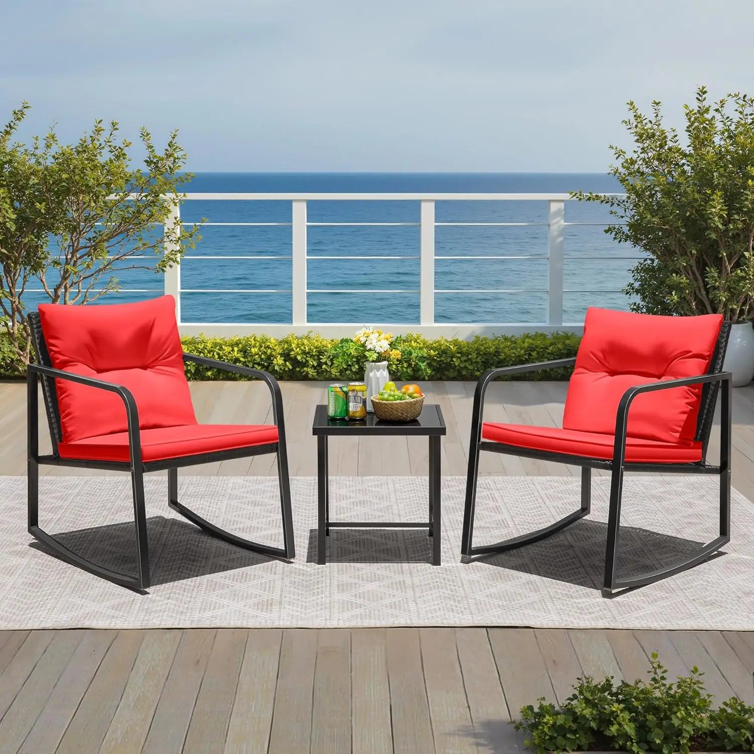 3-Piece Rocking Wicker Bistro Set with Chairs & Glass Table, Red Outdoor Patio Furniture