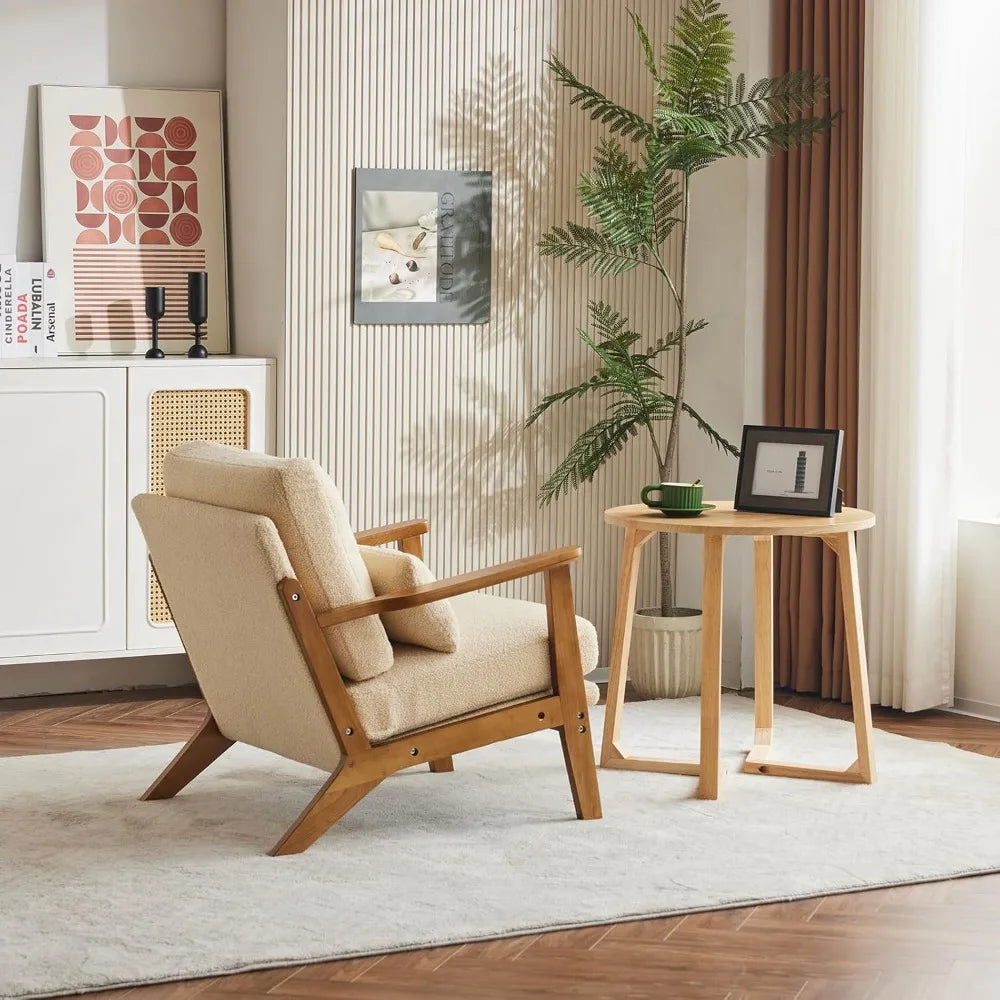 Accent Chair Wide Armrest Mid-Century Lounge Chair Teddy Fleece Armchair with Lumbar Pillow & Solid Wood Frame for ,Customized
