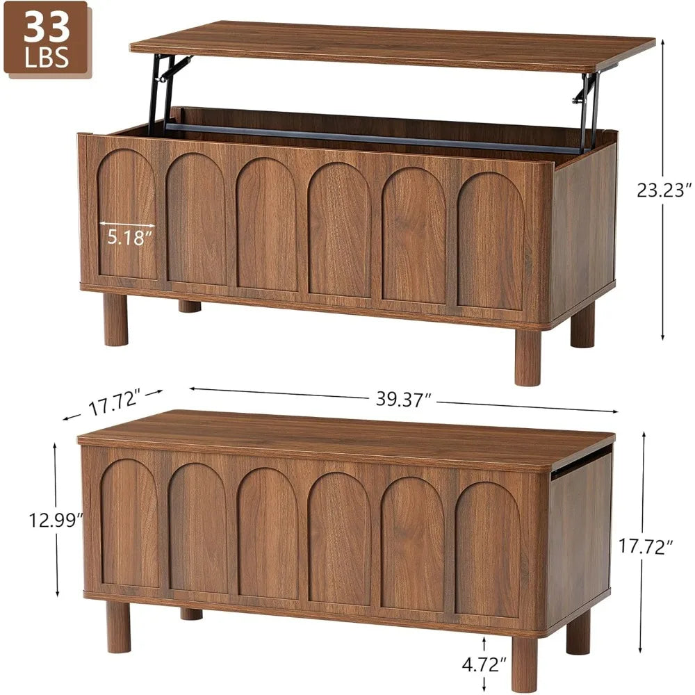 Lift Top Coffee Table with Arched Finish, Modern Coffee Table with Lifting Tabletop & Hidden Storage, Wood Center Tab，Customized