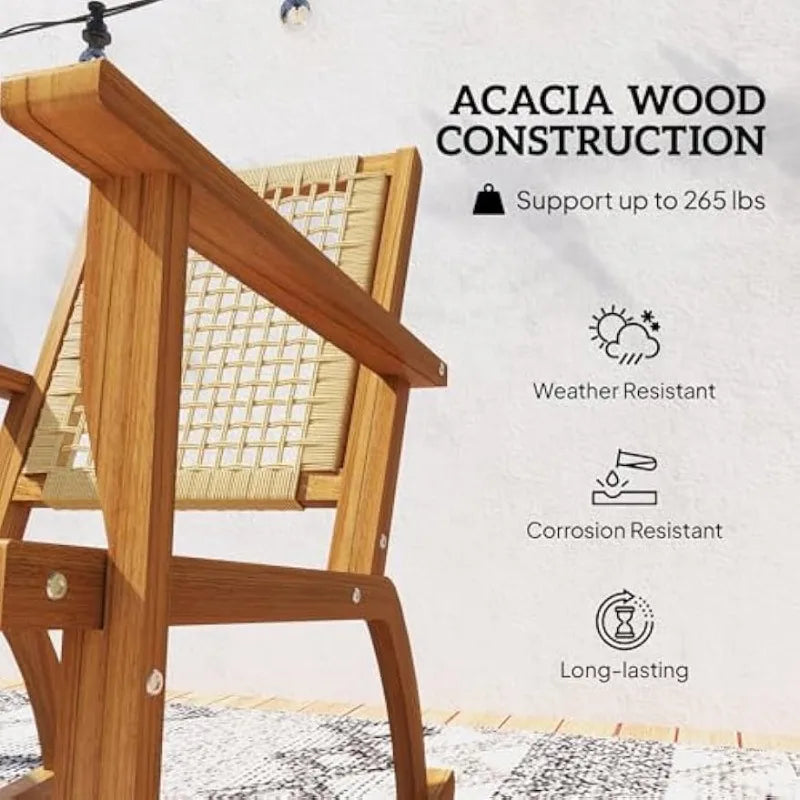 Outdoor Rocking Chair Set of 2, Acacia Wood Outdoor Rockers with Armrests, Rattan Wicker Back and Seat, Patio Wooden Ro