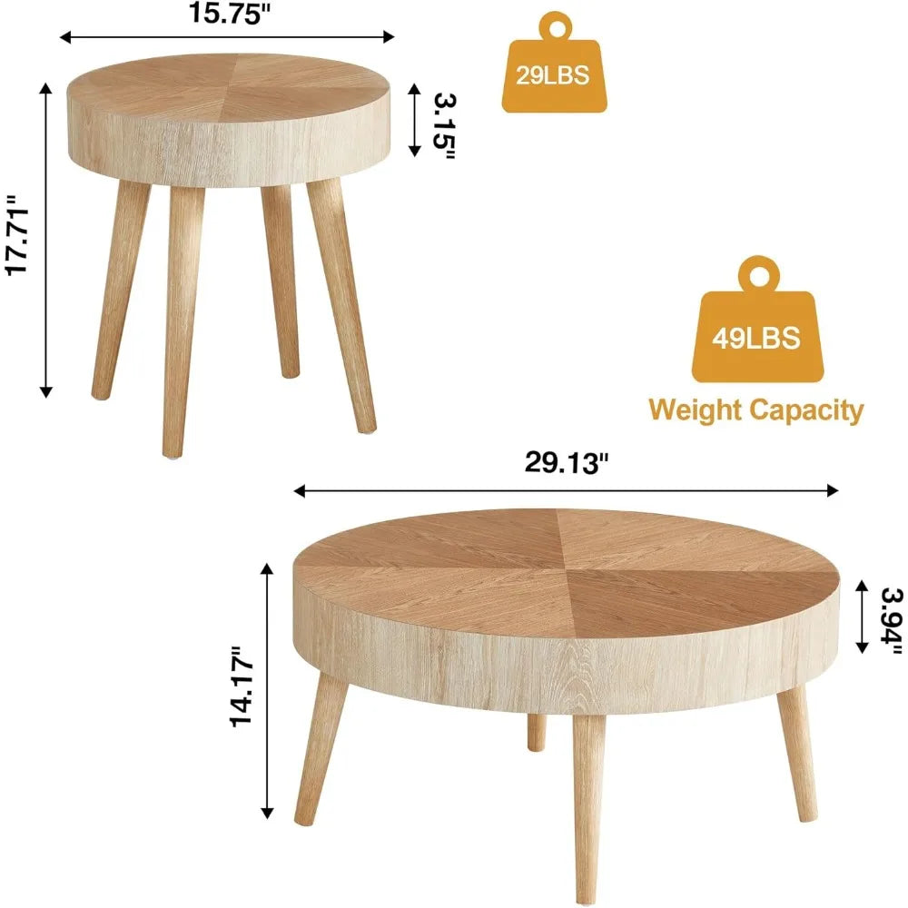 Nesting Round Coffee Table Set of 2, Farmhouse Modern Coffee Table, Natural Wood Nesting Tables Boho Side Table End Table