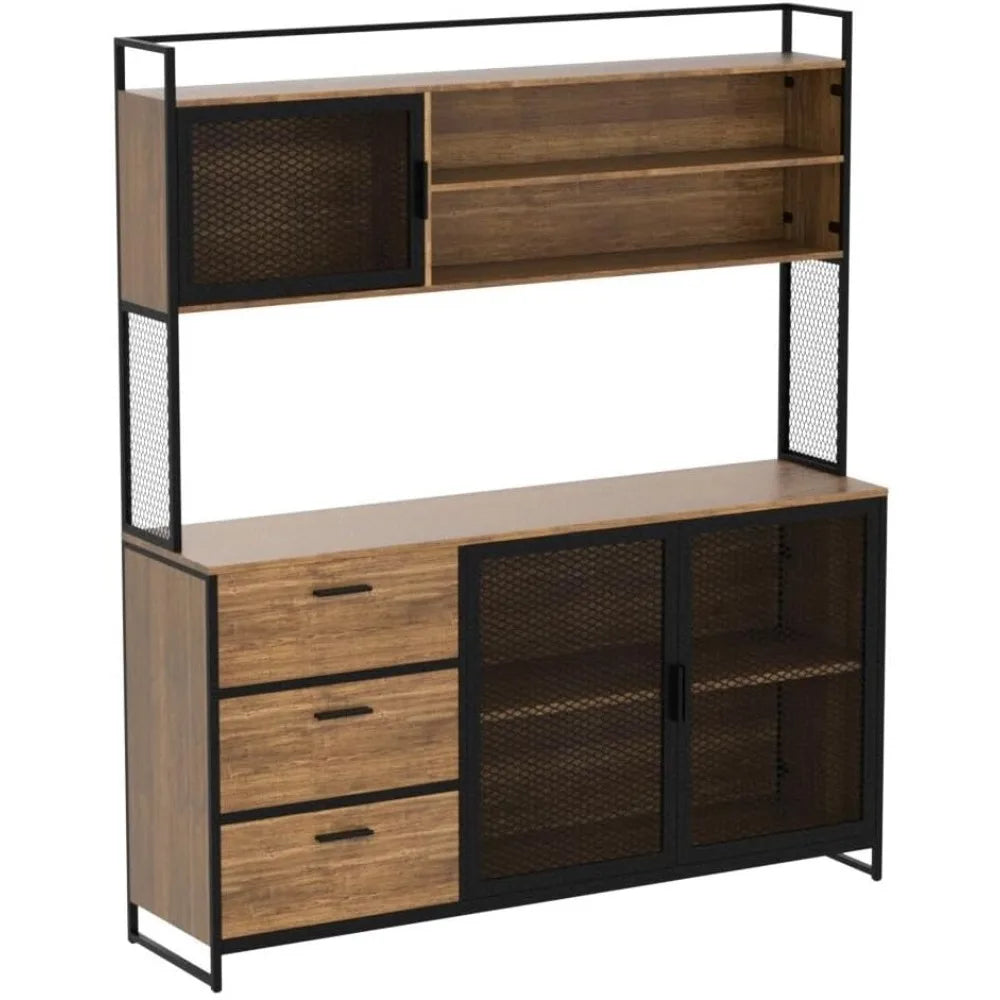 Modern Wood Sideboard Buffet Storage Cabinet with Hutch, 3 Metal Mesh Doors, 3 Drawers & Shelves, Kitchen Pantry Cupboard Conso