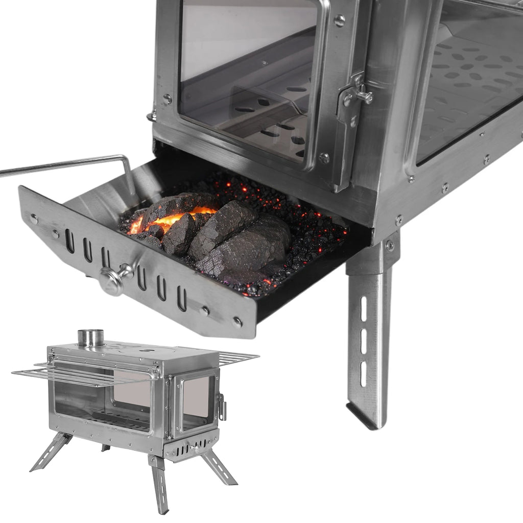 Large Tent Stove with Chimney Pipe Stainless Steel Firebox Rust Proof Outdoor Camping Wood-Burning Stove w/ Dual Glass Windows