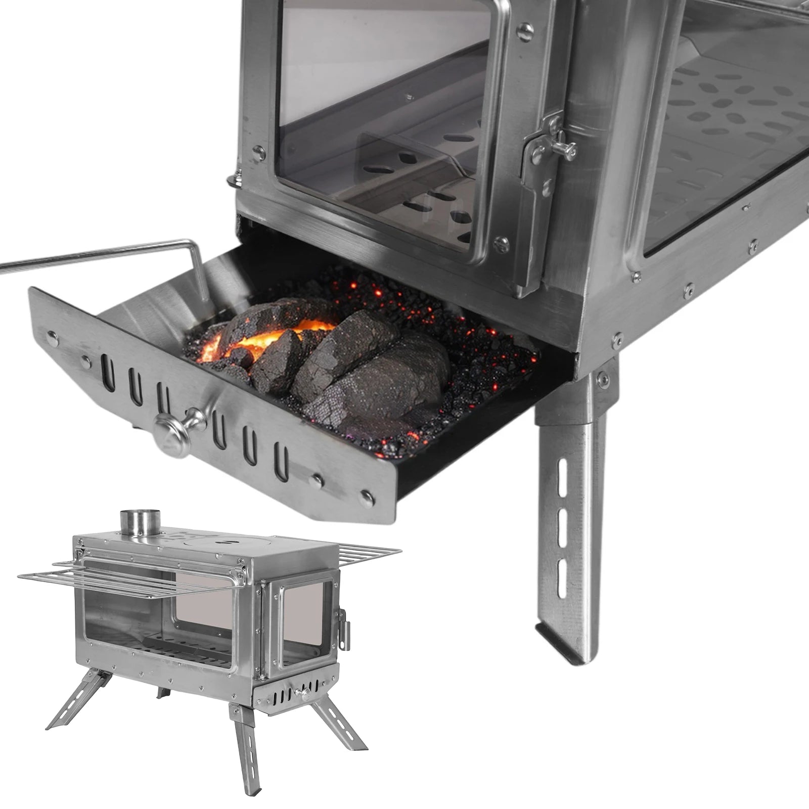 Large Tent Stove with Chimney Pipe Stainless Steel Firebox Rust Proof Outdoor Camping Wood-Burning Stove w/ Dual Glass Windows