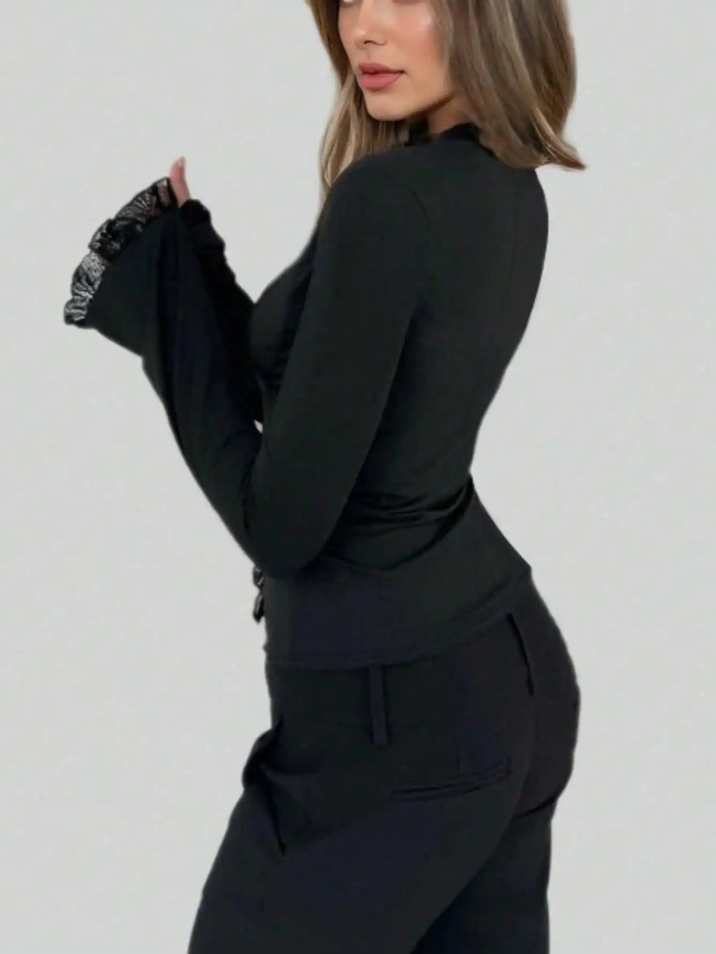 Gala-Ready Ruffle Sleeve Blouse - Fall Sexy V-Neck Blouse - Ruffled Bell Sleeve & Tie Detail Slim Fit Shirt