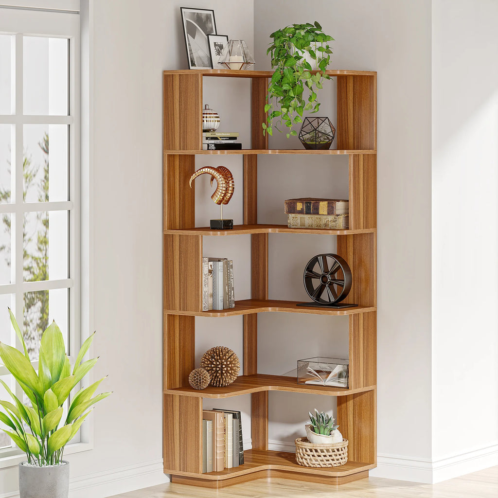 Tribesigns 6 Tier Corner Bookshelf, 64.96 Inch Tall Industrial Corner Bookcase with Anti-Drop Panel,Wood Grain Corner Shelf