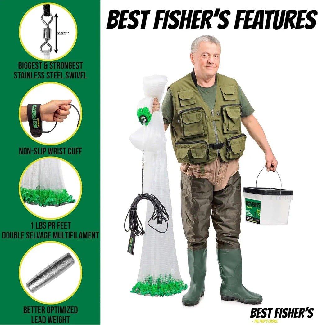 Premium Cast Nets for Fishing - 4ft to 12ft Sizes, 3/8" Mesh with Lead Weight, Includes E-Book and Utility Box