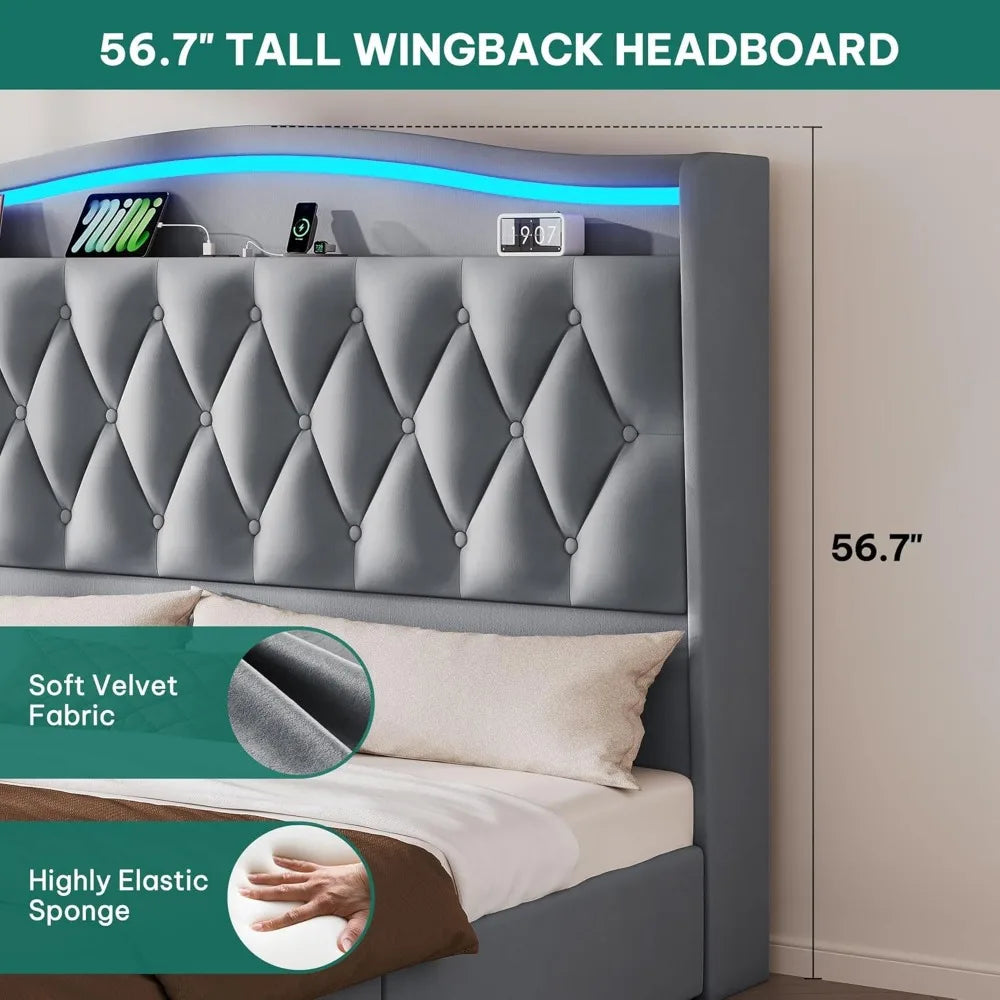 King Size DWVO Bed Frame with 4 Storage Drawers, RGB LED Lights, and 57 Tall Velvet Upholstered Headboard with Charging Station