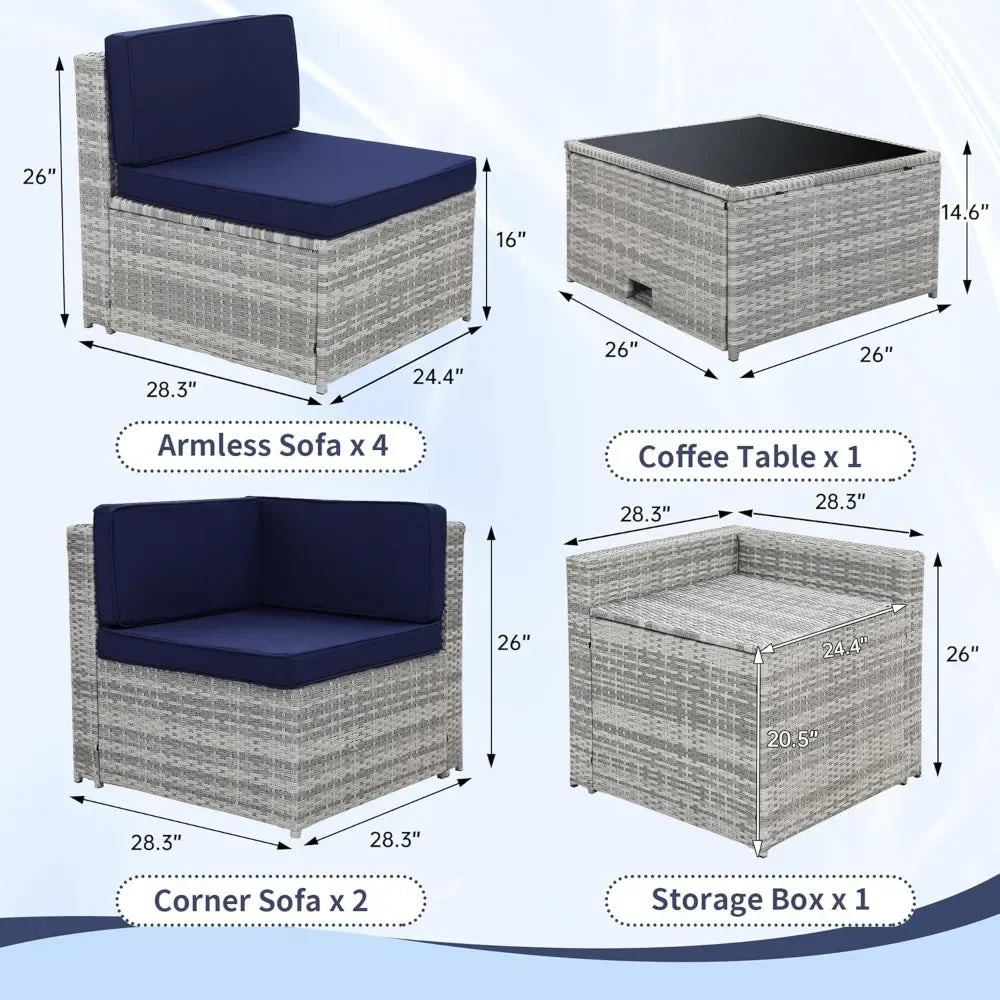 8-piece Outdoor Rattan Patio Furniture Segmented Set, Glass-topped Table with Hidden Storage, Grey Rattan with Blue Padded Mats