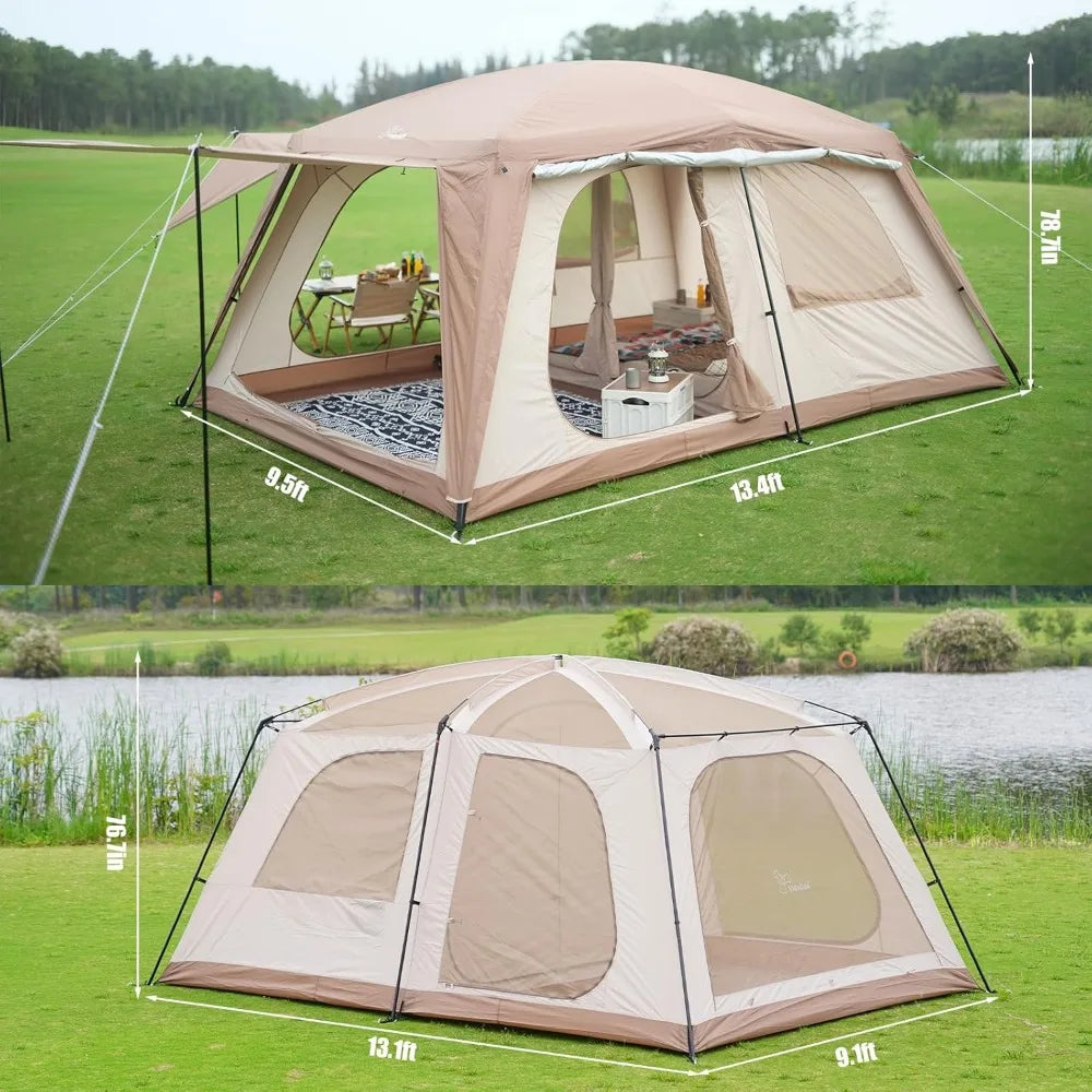 Family Cabin Tent for 8-10 People: 3-Door, 2-Room, Large Waterproof Portable Glamping Tent