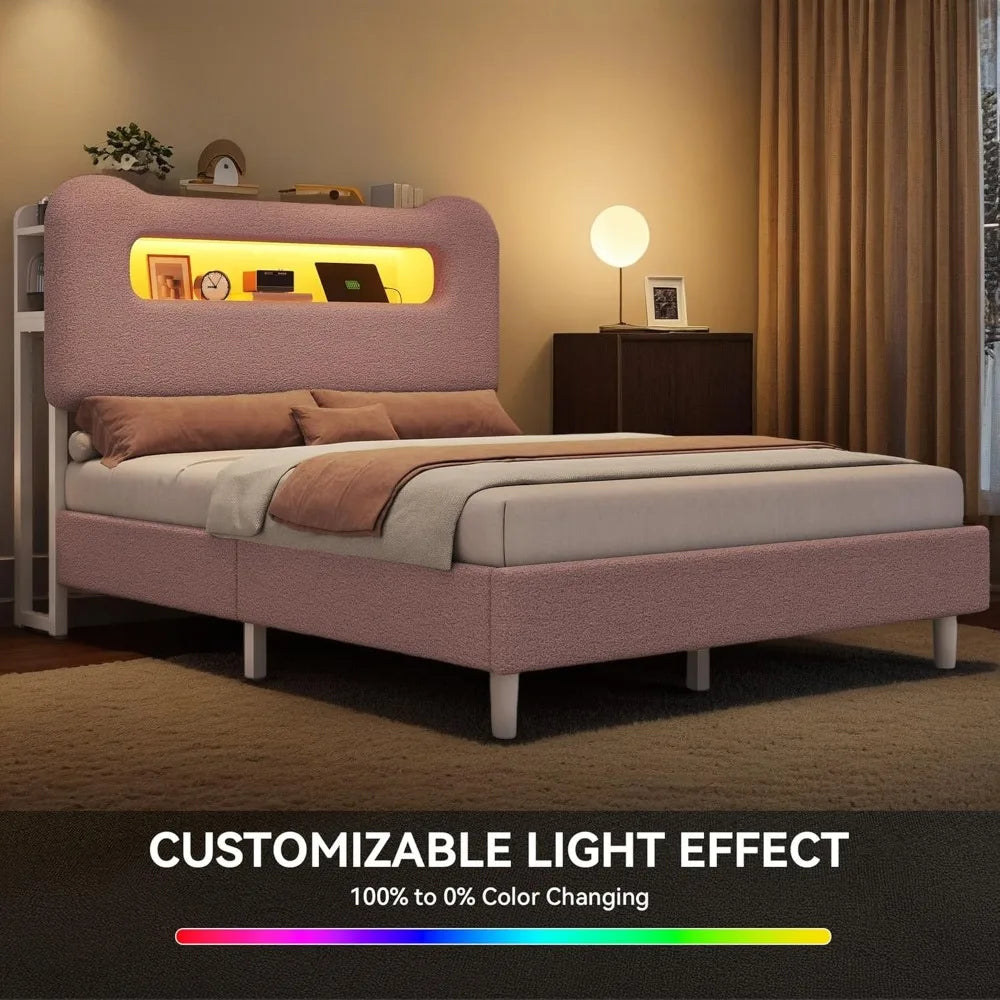 Full Size Boucle Upholstered Bed Frame with Storage Headboard, LED Lighting and USB Ports, No Box Spring Required, Pink