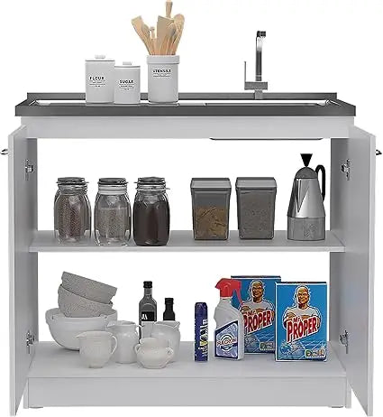 White Double Door Utility Sink Cabinet with 2 Shelves and Metal Handles
