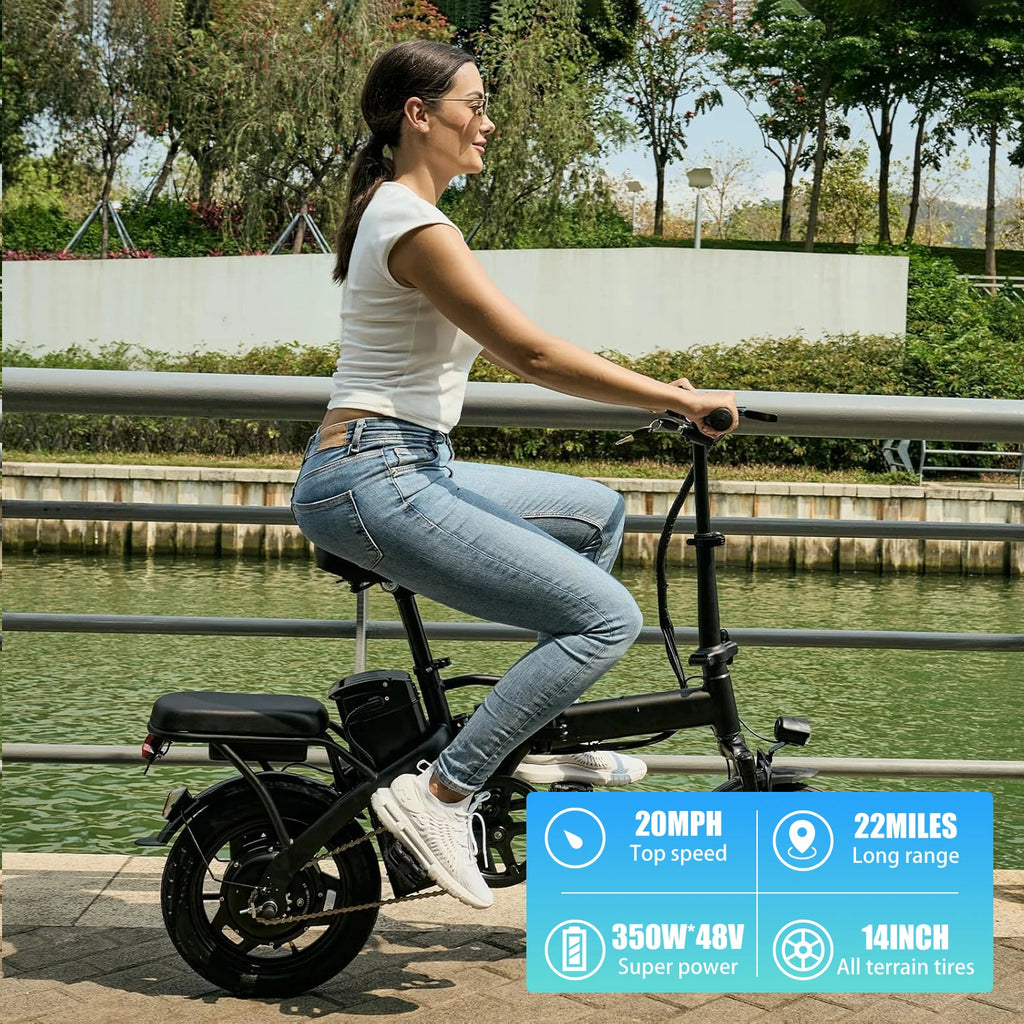 HEZZO T5 Foldable Electric Bike w/ Seat &Basket 48V 350W Motor 22Miles Range 20 MPH 14Inch Top Speed Ebike for Adults Commuting