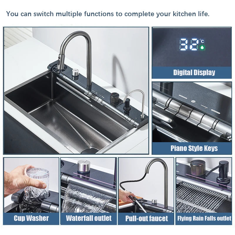 Grey Stainless Steel Waterfall Kitchen Sink Large Single Slot Integrated Digital Display Faucet Set Soap Dispenser Cup Washer