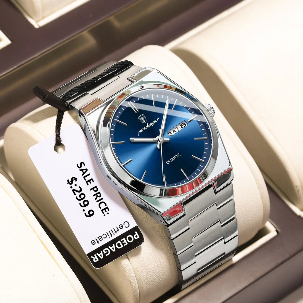 POEDAGAR Luxury Wristwatch For Men Stainless Steel Waterproof Luminous Man Watch Date Week Quartz Fashion Business Men's Watches