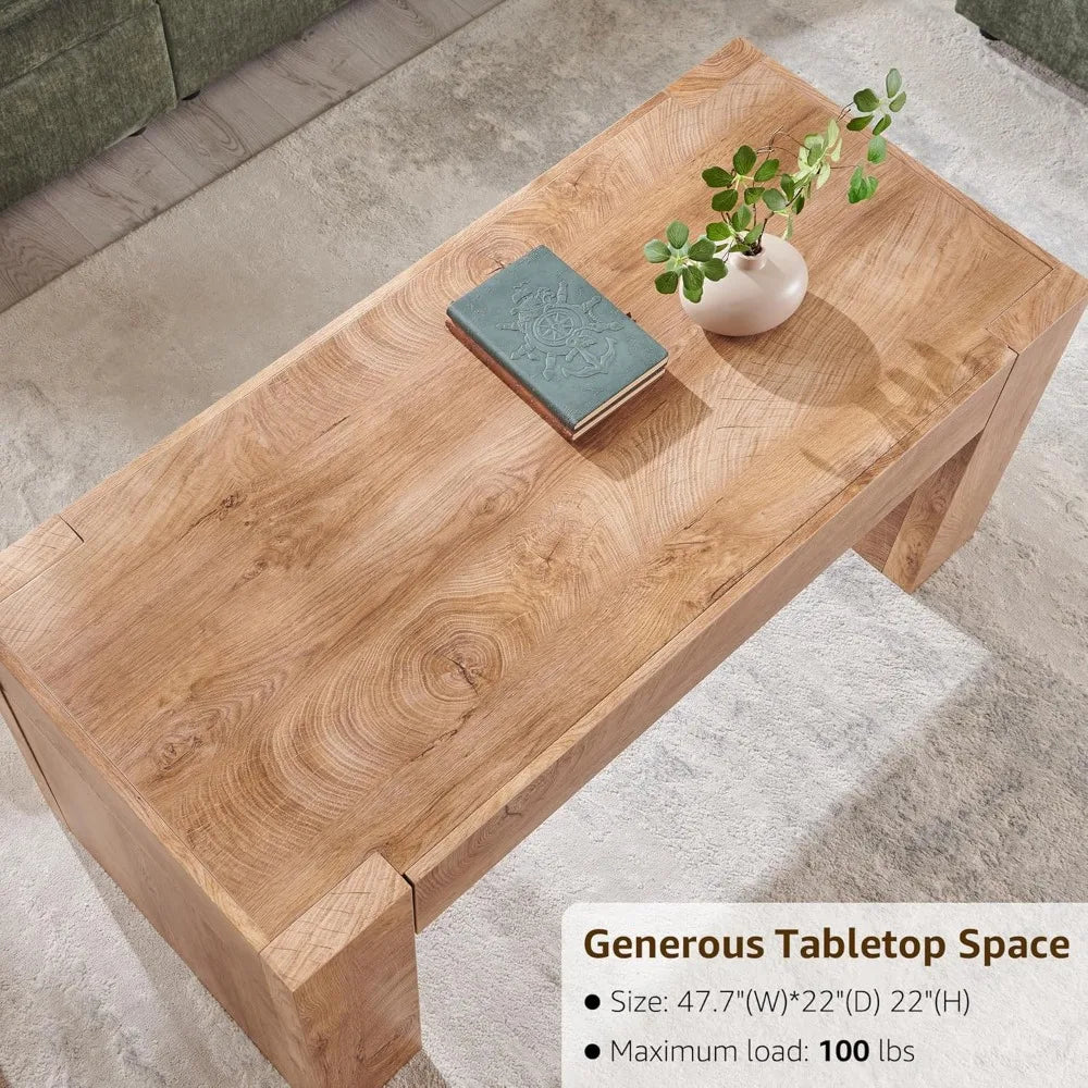 48 Modern Farmhouse Coffee Table, Wooden Living Room Table with Hidden Storage Drawer, Rustic Rectangular Center Tables w/Wo