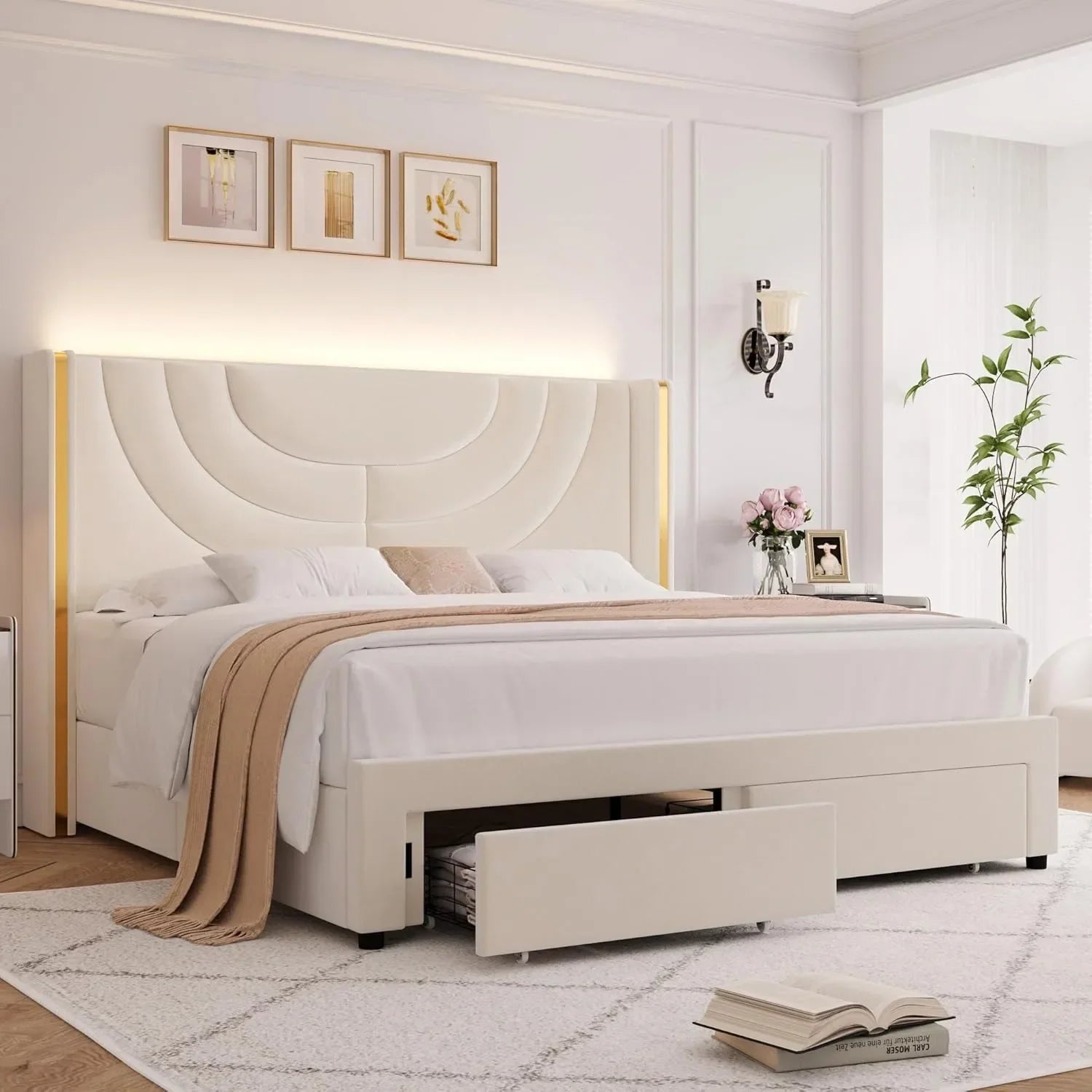 King size bed with 2 storage drawers, cushioned LED bed frame, wing back headboard, headboard splicing design, beige color