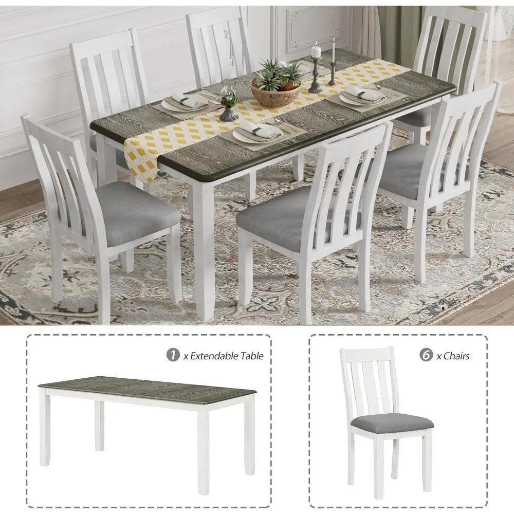 7 Pieces Dining Table Set with Extendable Tabletop and 6 Upholstered Chairs, Solid Wood Kitchen Dining Room Table Set, Kitchen