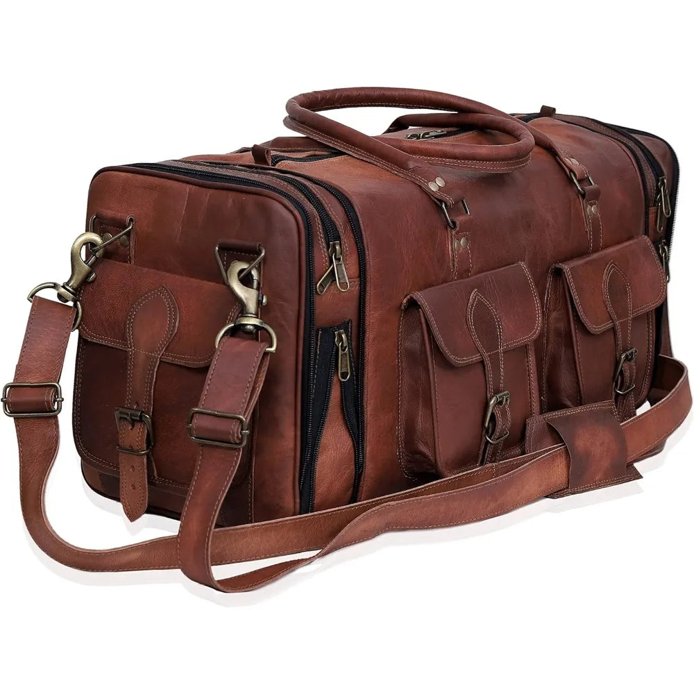 Vintage 24 Inch Genuine Leather Duffle Bag - Handmade Men's Travel Case, Medium Overnight Carry-On Luggage for Weekend Trips