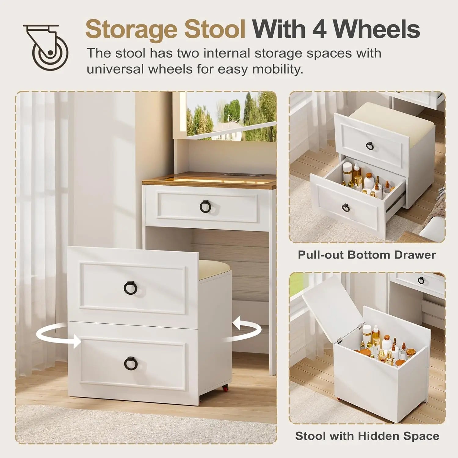 3-in-1 Vanity Desk with Mirror and Lights, Small Compact Makeup Vanity Set with Hidden Storage Stool, Glass Top Dressing Table