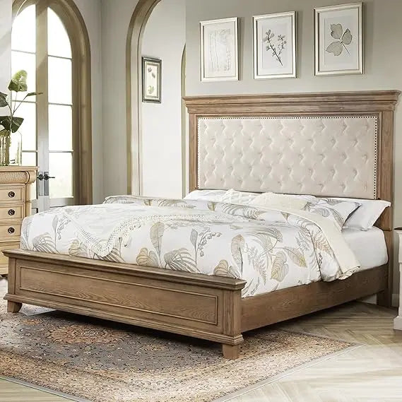 King Size Solid Wood Farmhouse Bed Frame with Upholstered Headboard, Architectural Style, No Box Spring Needed