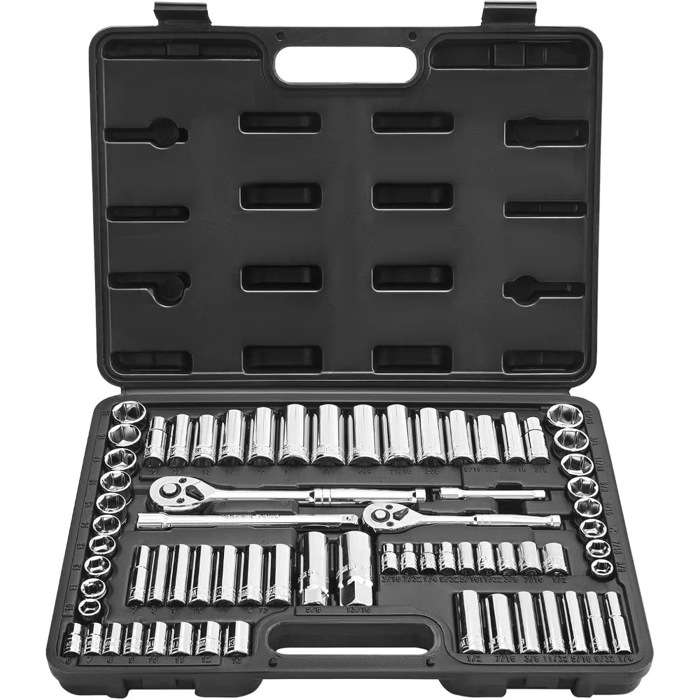 VEVOR Socket Set, 69 Pieces, 3/8 & 1/4 inch Drive Socket and Ratchet Set, SAE and Metric, Deep and Standard, Mechanic Tool Kit w