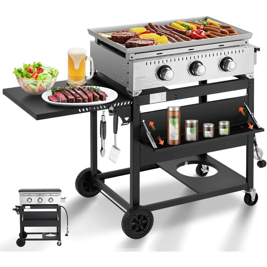 3 Burner 30000 BTU Outdoor Gas Griddle with Lid Portable Flat Top Griddle 28 Inch Heavy Duty Cast Iron Grill in Black with Bott