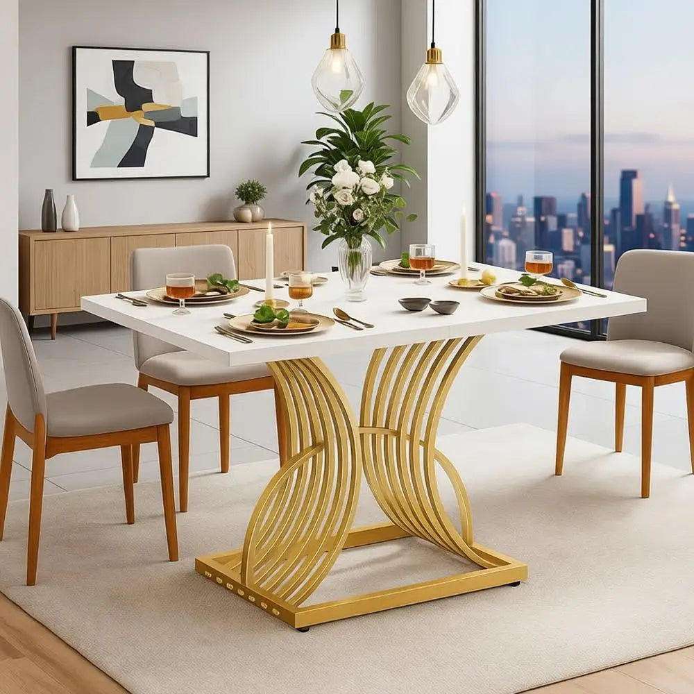 Modern Rectangular Dining Table, White Top & Geometric Gold Legs, Seats 4, Small Kitchen Table for Dining Room